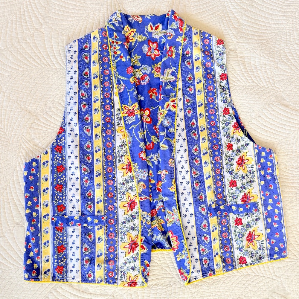Homemade Reversible Boho Hippie Blue & Yellow Floral Open Front Vest XXL